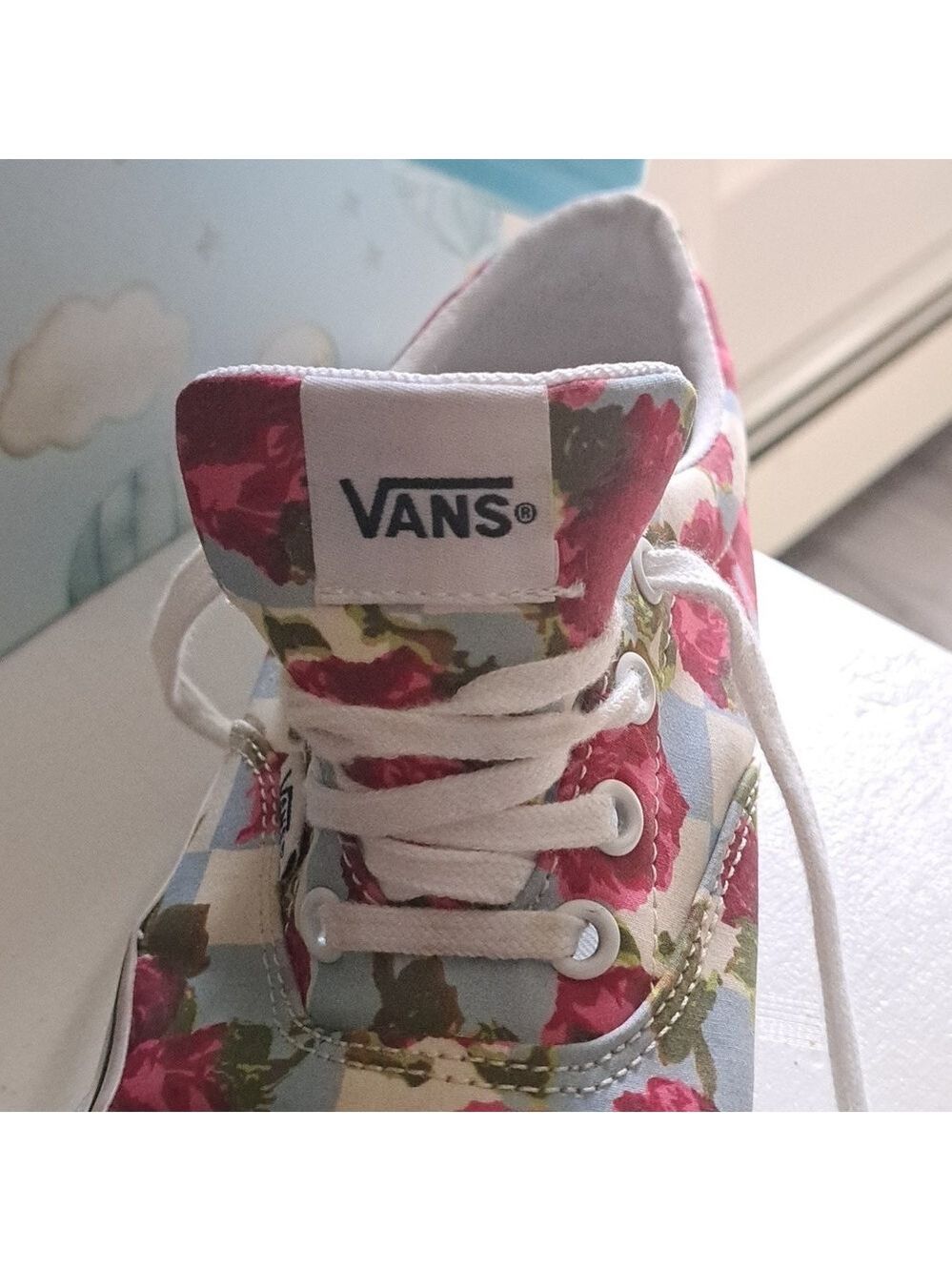 VANS checkerboard roses floral lace up Canvas Low Skate sneakers coastal 7.5 - Picture 8 of 10